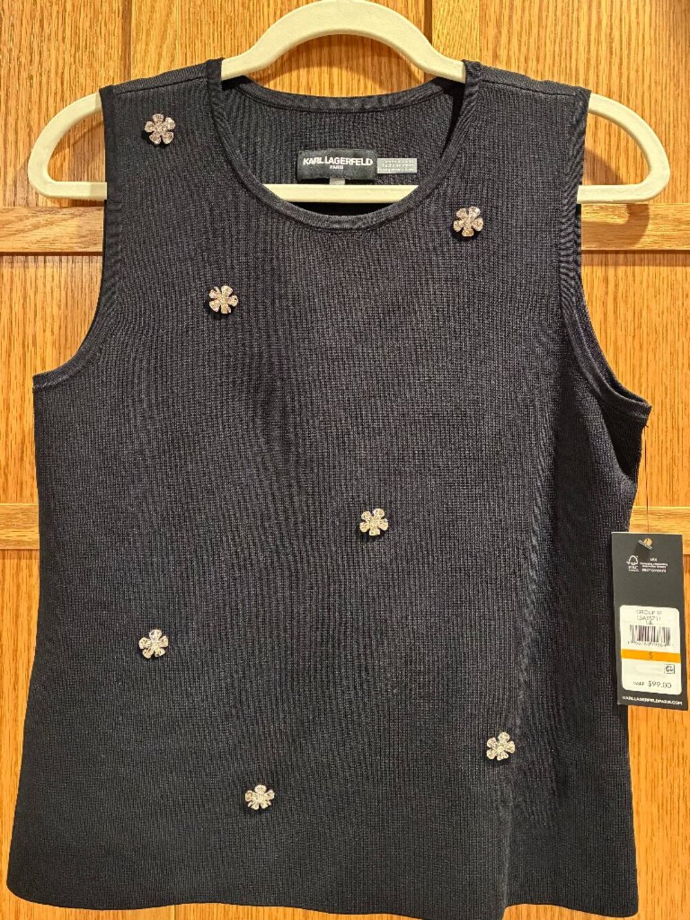 Karl Lagerfeld Paris Black Floral Embellished Knit Sleeveless Top Size S NWT